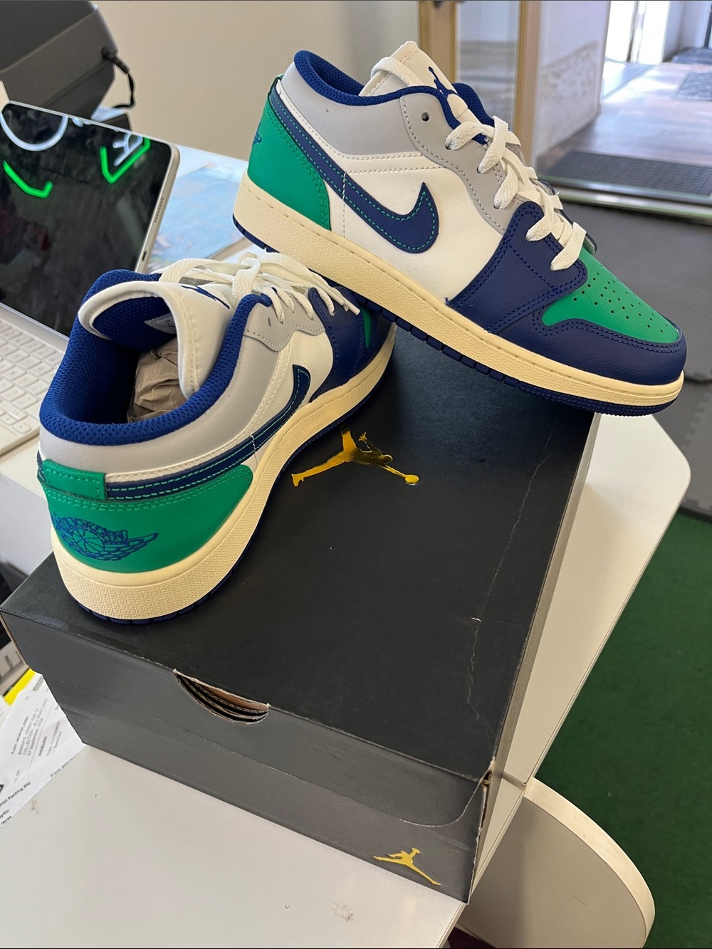 Jordan Low Top Sneakers in White, Blue & Green